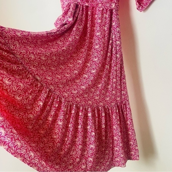 BODEN Womans Romy Pink White Jersey Midi Dress Palm Print Ruffle Trim 12 R - Picture 11 of 14